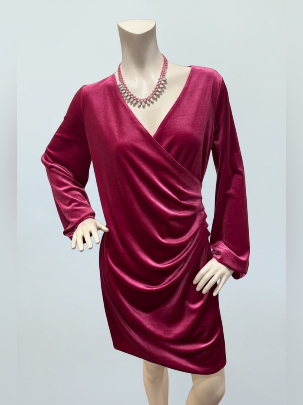2 Hearts Magenta Pink Velvet Long Sleeve Dress with Side Ruching, Size L